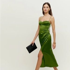 Reformation Marguerite palm green silk dress
